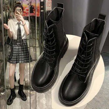 2021 Jesensko-zimska nova ženska crne cipele na čipka-up, svakodnevni ženska obuća s okruglim vrhom, kožne cipele, cipele s visokim krovom