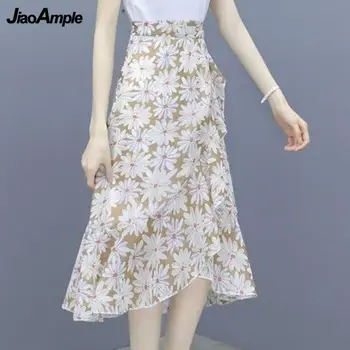 Ljetna haljina Odijelo 2021 Novi s visokim strukom Vintage Vez Majica s kratkim rukavima Midi Suknja od dva dijela Francuske slatke cvjetne Haljine