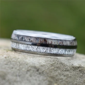 8 MM Muška Moda Prsten Od Nehrđajućeg Čelika Meteorit Rog Umetnut Srebro Vjenčanja Vjenčani Nakit Poklon za Oca Dečka