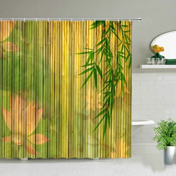 Zelene Bambusa Zavjese Za Tuširanje s po cijeloj površini List Cvijet Zavjesa Za kupaonicu Vodootporna Tkanina Zaslon Za kupanje Pozadina Dekor s kukom