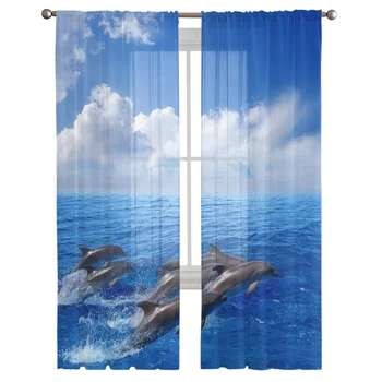 Plavi Ocean Delfin Oblaci Prozirne Zavjese za Prozore čipke i Zavjesa za Dnevni boravak Spavaća soba Dekor Dječje Sobe