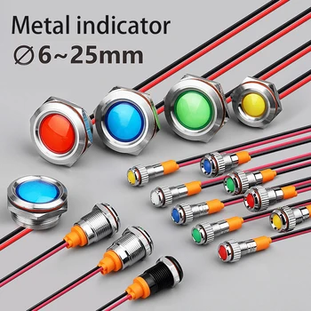 6 mm 8 mm 10 mm 12 mm 14 mm Metalni upozoravajući led lampica Vodootporan IP67, Upozoravajuća žaruljica Kontrolne žice, prekidač 3 5 12 220 Crvena plava