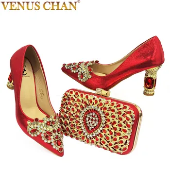 Venera Chan 2022 Novi Talijanski Dizajn Plave Boje Lakirane Kože Sa štrasom Na visoku petu Afrička modne ženske cipele i skup torbe