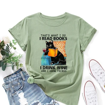 Čitam Knjige, ja Pijem Vino, Ljubitelj knjiga, Poklon majica s mačkom, Ženske pamučne majice kratkih rukava, Ljetni grafički majice, Ženska odjeća