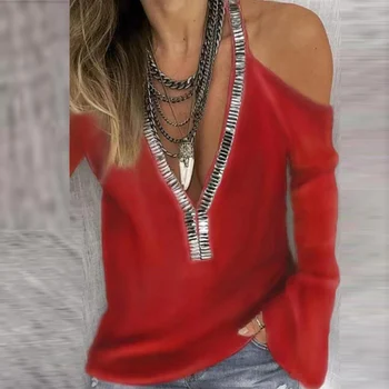 Moda s otvorenim ramenima pulover s V-neck Majice Ljetne ženske seksualne majice sa šljokicama s V-izrez Ženske svakodnevne slobodne bluze s dugim rukavima Košulja