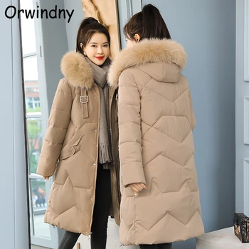 Orwindny Debele tople duge kapute Ženske zimske parkova s velikim krznom Plus Size 5XL Ravnici jakne Odjeća sa pamučnom postavom Zimska odjeća