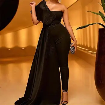 Plus Veličina Crne haljine za maturalne Ženski kombinezoni 2020 Na jedno rame Satin držači večernje haljine s aplikacija vestidos
