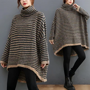 SuperAen Plus size free Ženski pulover s visokim воротом Jesen pulover u pruge od кашемировой vune s punim dnom