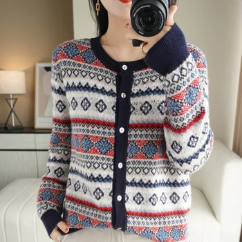 Casual kašmir kardigan жаккардового tkati ženski jesensko-zimskom slobodan džemper kardigan dugih rukava ženske majice