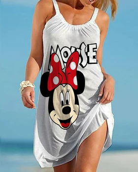 Disney ' s Mickey Mouse Mickey Minnie s po cijeloj površini Svakodnevno haljinu do koljena s remenom 2021 Ljeto Nova moda s po cijeloj površini Seksi Duge suknje Za žene
