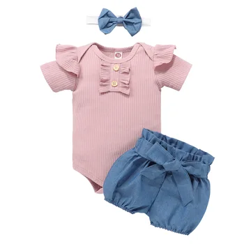 2021 Ljeto Nove Novorođenčad Djeca Dječje Odjeće za djevojčice Odjeća s ukrašen Kombinezon Body+ Traperice i Kratke hlače Komplet Moderno dječje odijevanje