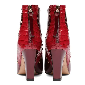 MILI-MIYA Plus Size 34-43 Ženske čizme munje Crveno i Crno Lakirane kože Masivni visoke štikle Kratak cipele čipka-up s oštrim vrhom
