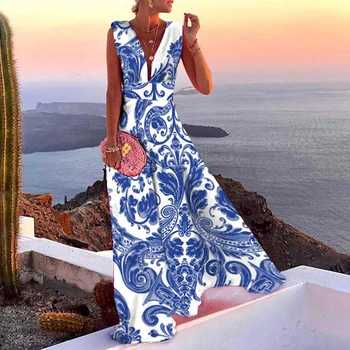 2021 Ljetna haljina u Retro stilu s geometrijskim po cijeloj površini u Boho stilu Elegantan haljinu s dubokim V-izrez na spremniku Duga večernja haljina Za žene seksi slobodnih plaža haljina bez rukava