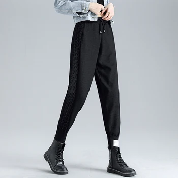 Preslatko jesensko-zimske pletene ženske ženske sportske hlače 2021 Nove s visokim strukom čipka-up do ankles Elegantne ženske hlače s džepovima