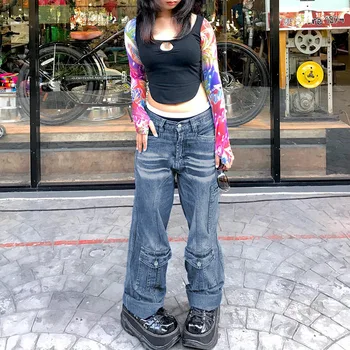 Y2K Ženski ulični jeans Modni široke traperice s niskim strukom za vruće djevojke Modne slobodan hlače za sušenje džepa Svakodnevne hlače Ženska odjeća