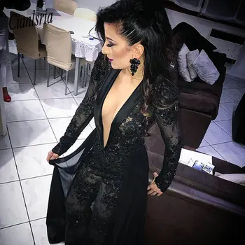 Crni seksi Čipke večer kombinezon s dubokim V-izrez i dugih rukava s vlakom, Aplike, Izvlačenja, Dubai, Arapski večernje haljine
