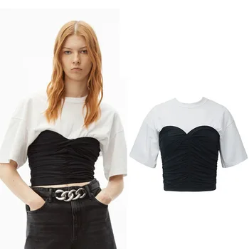 2021 Godišnja ženska t-shirt Tanak vrh od pamuka sa осиной struka, crna, bijela boja, Prigodna Svakodnevni Ulični Tanka odjeća Visoke kvalitete