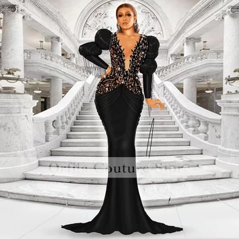 Seksi crnu haljinu za prom s dugim rukavima, šljokice, čipka 2022, Saten haljine za zabave na Bliskom Istoku, večernja haljina Maxi Sirena