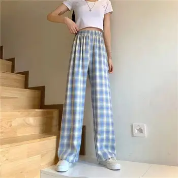 Prugasta kariranih Široke hlače 2021 godine, Nova Korejska Casual moda, Prosječna struk Bio tanji i veći, Korejski ženske široke hlače