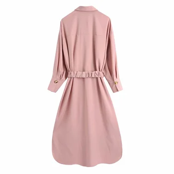 PUWD Slobodno donje haljina-košulja 2021 Jesen Pink Prigradski moda Ulica odjeća Struk dugi rukav Odgovarajući pojas s prorezom Ženska dugačka suknja