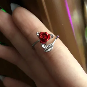 Donje prsten Crvena Ruža Vrtni Cvijet Ostavlja Otvoreno Prsten Mijenjati dimenzije Prstena na prst Za žene Poklon za Valentinovo Nakit