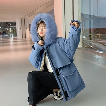 Пуховик Ženski 2021 Zima koreanska verzija Slobodna debeli zatvarač srednje dužine na čičak Monotono, krzno jakna s kapuljačom Donje kaput