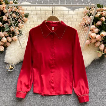 Jesen 2021 Ženske Bluze I Košulje s Dugim Rukavima Crvene Elegantan Plus Size Vrhovima Šik Ženske Bluze Ženska odjeća