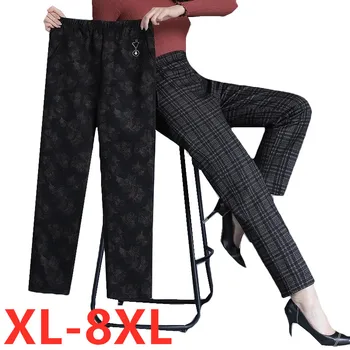 Ženske hlače srednje dobi Nove jesenje s po cijeloj površini Elastične ravne hlače s visokim strukom Plus Size 8XL Ženske zimske pliš svakodnevne hlače