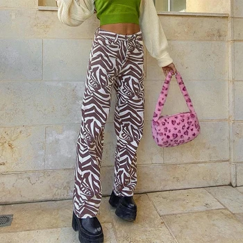 Vintage ulični odjeća Smeđe hlače s ispis zebra Y2K za žene Svakodnevne ženske berba izravne traper hlače Široke hlače s visokim strukom