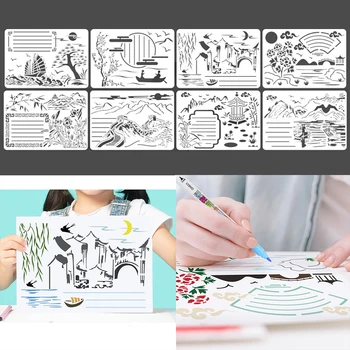 8 Listova Formata A4, Kineski Stil Krajolik Serije Šablone za Crtanje DIY Šuplje Slika Predložak Grafiti Uživo Predložak Za Crtanje