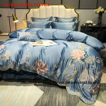 Luksuzni Mekan i Udoban Satiny Svila Pamuk je Klasični Cvjetni vez Komplet posteljinu Deka Krevetu Crna cvjetne čipke Suknja za krevet Jastučnicu