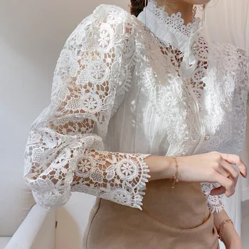 Elegantan Vintage Izvlačenja Kuka Cvijet Šuplje cvjetne čipke košulja Ženska odjeća 2022 Proljeće Nova Moda Ured lady Prigradskim Ženske bluze