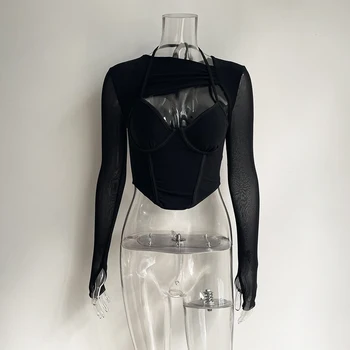 KGFIGU Vrhovima za žene 2021 Jesen odjeća dugih rukava Seksi omot na prsima Skraćeni vrhovima Elegantne crne univerzalne odjeću