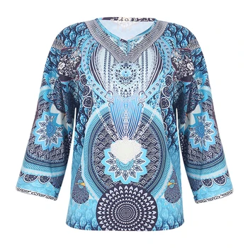 Vintage košulja, dugi rukav po cijeloj površini Bluza Proljeće Jesen Moda V-izrez u obliku Folk top Femme Plava Casual Plaža Besplatne majice Top Za žene 2021
