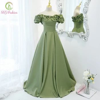 SSYFashion Nova večernja haljina od zelenog satena boje Avokada za žene s rukava-лепестком princeza trapeznog oblika Duge večernje haljine za maturalne Vestidos De Noche
