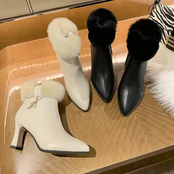 Nove divlje ženske jesensko-zimske tople pliš čizme, seksi elegantne cipele na visoku petu, kratke čizme s oštrim vrhom, Visoke kvalitete