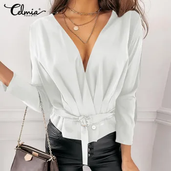 Celmia Trendy ženske majice i bluze 2021 Seksi V-izrez u obliku Svakodnevne ravnici elegantne radne košulje s pojasom Nabrane večernje bluze Vanjska odjeća