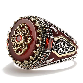 Vintage Prsten od prirodnog Crvenog Kamena za Muškarce i Žene Turski Prsten, Ručni Rad s Krunom Kralja Luksuzni Nakit Poklon