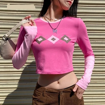 Lucyever Proljeće Ljeto Ženska majica dugi rukav 2021 Casual majica od čistog pamuka s okruglog izreza Ženska moda Tanke kolaž ženske majice
