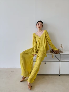 CHEERART Žute Široke Nabrane Palazzo hlače Za žene s visokim strukom Slobodan Hlače Korejski moda Hlače Odjeće Za žene Spustu
