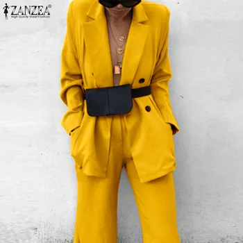 ZANZEA Modni blazer Odijela Za žene monotone kaput i hlače 2021 Jesen PR Maxi 2 kom. Setove Ženske Jakne veličine i ravne hlače