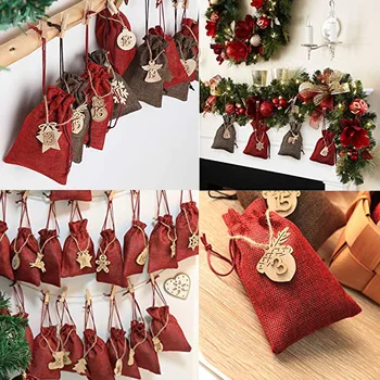 Pribor za Božićni dekor 24 kom. Digitalni Drveni Božićni torbu od šatorsko platno s tie Drveni Znak Božićni Kalendar odbrojava Poklon torba