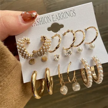 Modni Zlatne naušnice-prstenovi Set Za žene Biserne naušnice-prsten velike veličine Metalni krug Punk-naušnice 2020 Ženski nakit