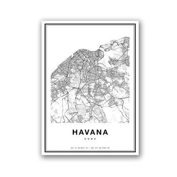 Havana Kuba Karta grada Ispis na platnu Crno-bijela Moderan Zidni Likovna slikarstvo Poklon Putno Plakat Home Dekor interijera Dnevni boravak