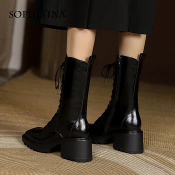 Ženske čizme SOPHITINA Ulica cipele s debelim petama s trga vrhom Dizajn do sredine kavijar s cross vezama Funky moderna zimska ženska obuća NO050