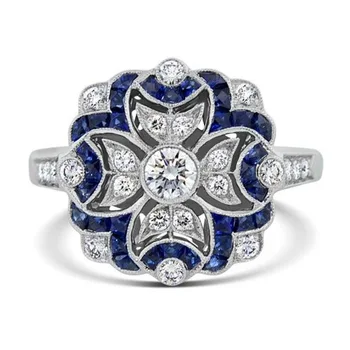 2021 Moderan Retro plavo - bijelo инкрустированное kubični cirkon Cvijet zaručnički prsten s Паттеном za žene Nakit Pribor za ruke