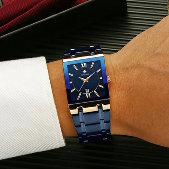 WWOOR Najbolji brand Luksuznih Pravokutni sat Gospodo 2021 Modni Kvarcni sat sa datumom od nehrđajućeg čelika Muške plave ručni satovi na poslovnom haljina