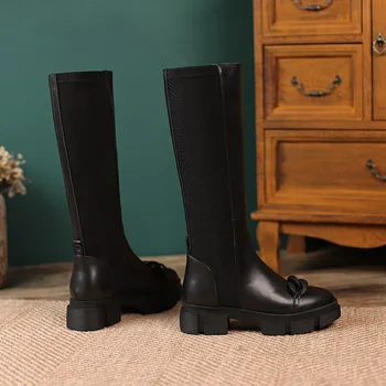 Punk krug jesen zima elastična potpuna kožne cipele ženske čizme do koljena s visokim petama crne debele platforme duge tople čizme za jahanje