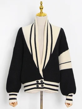TWOTWINSTYLE Prugasta tunika Casual džemper za žene s V-izrez i dugi rukav Hit boja Korejski pleteni cardigans Ženska moda Novi