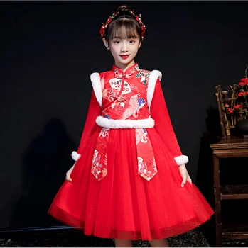 Božićna dječja odjeća Crvena Svečani dječji kostim Ханфу u kineskom stilu za djevojčice Zimski kostim Tan Haljina Božićno odijevanje